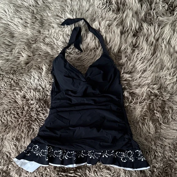 Black Halter Swim suit with White Embroidery - Picture 1 of 5